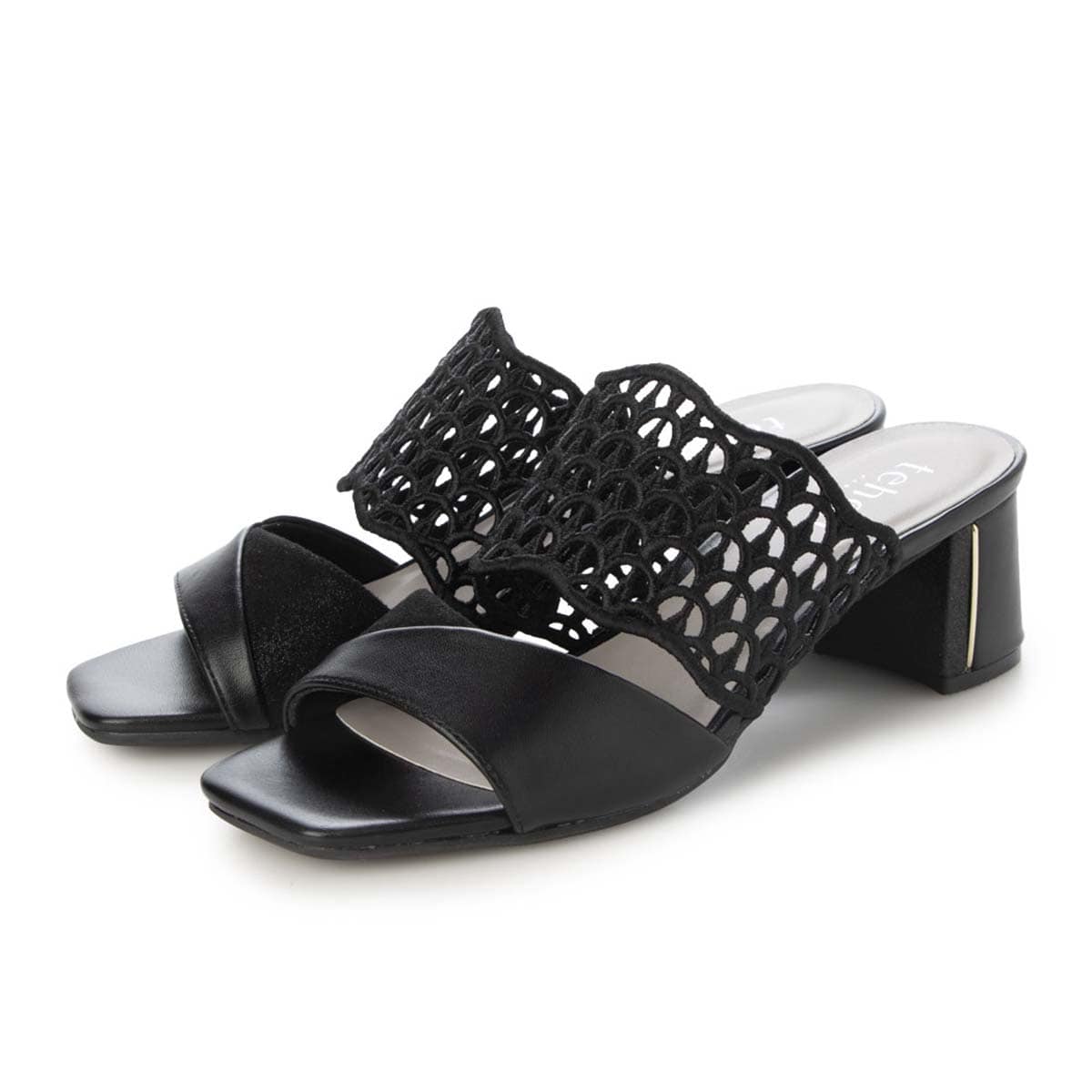 テーン tehen 大人の抜け感を演出する編み込みデザイン。歩きやすさと品格を兼ね備えた5cmヒール。ミュールサンダル　TN6711 BLACK 23.0