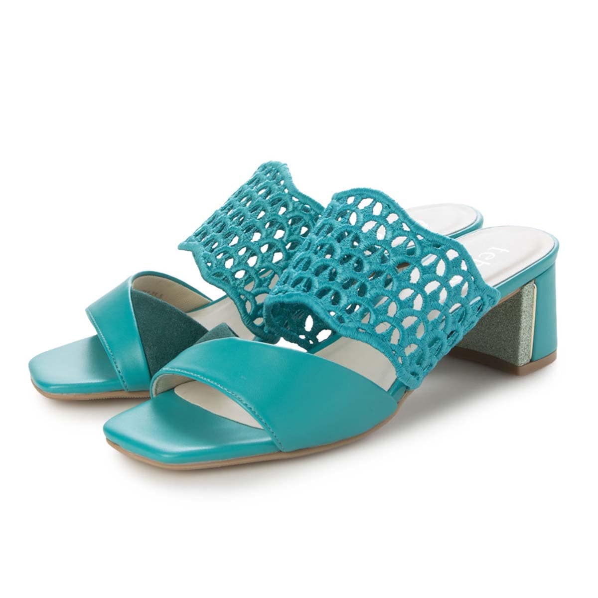 テーン tehen 大人の抜け感を演出する編み込みデザイン。歩きやすさと品格を兼ね備えた5cmヒール。ミュールサンダル　TN6711 GREEN 23.0