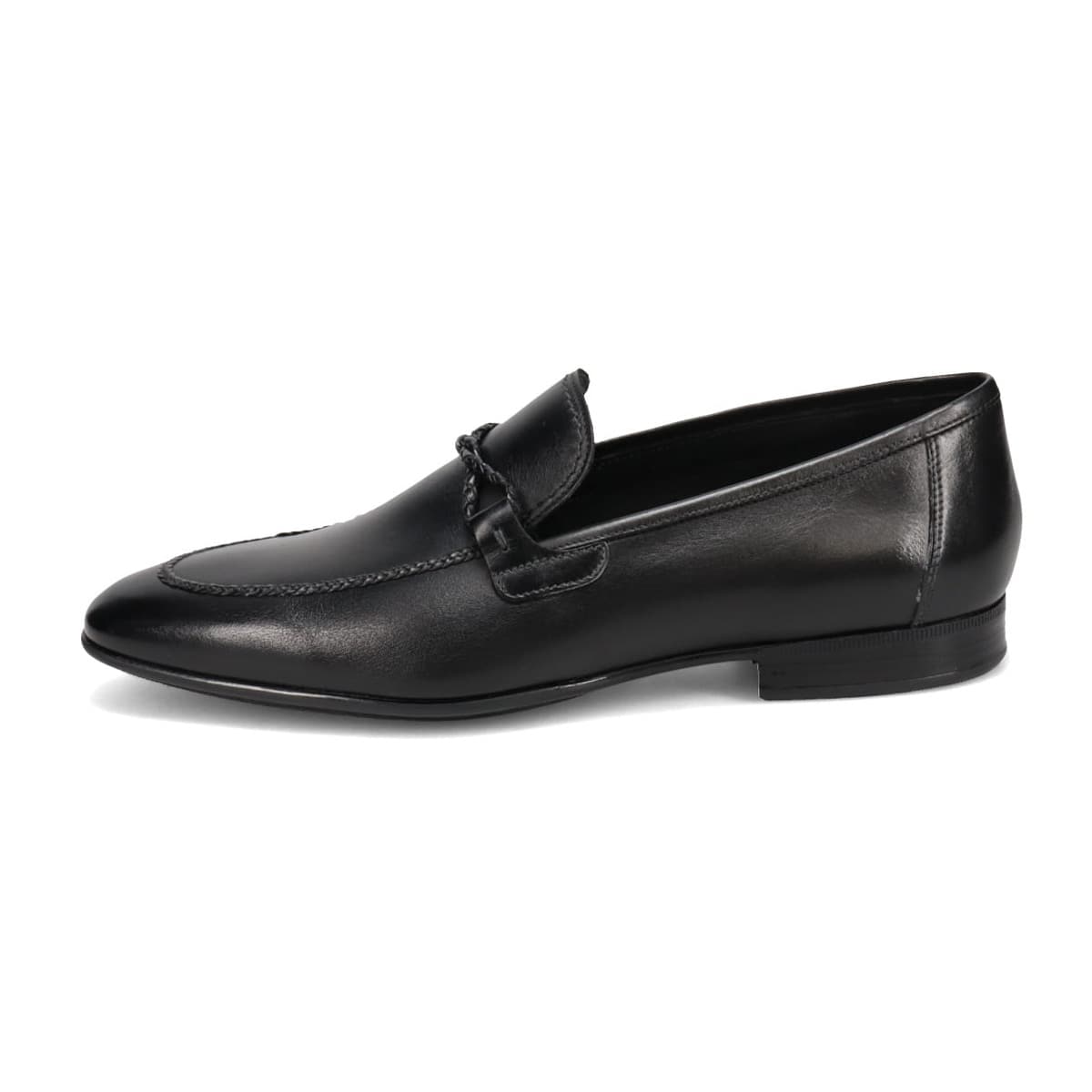 LANVIN COLLECTION　アンティーク仕上げを施したカーフレザーにブレイドレザーレースでUモカをあしらったスリッポンシューズ　83431 BLACK 25.0