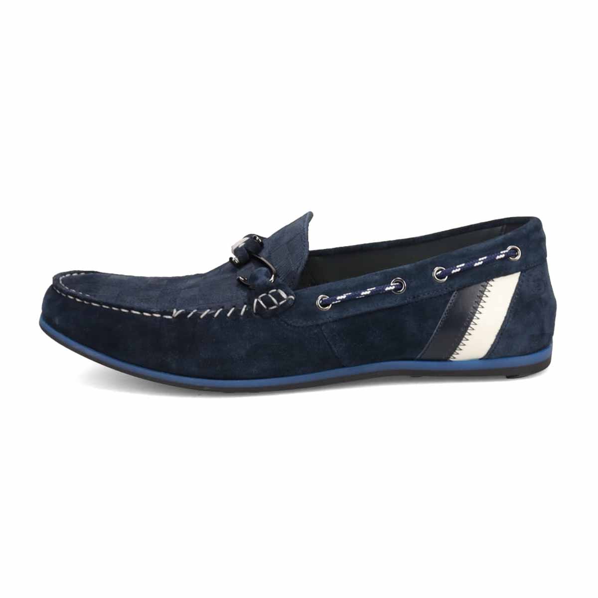 LANVIN en Bleu　ブロックチェックエンボスレザー ドライビングシューズ　86481 NAVY-VELOURS 25.0