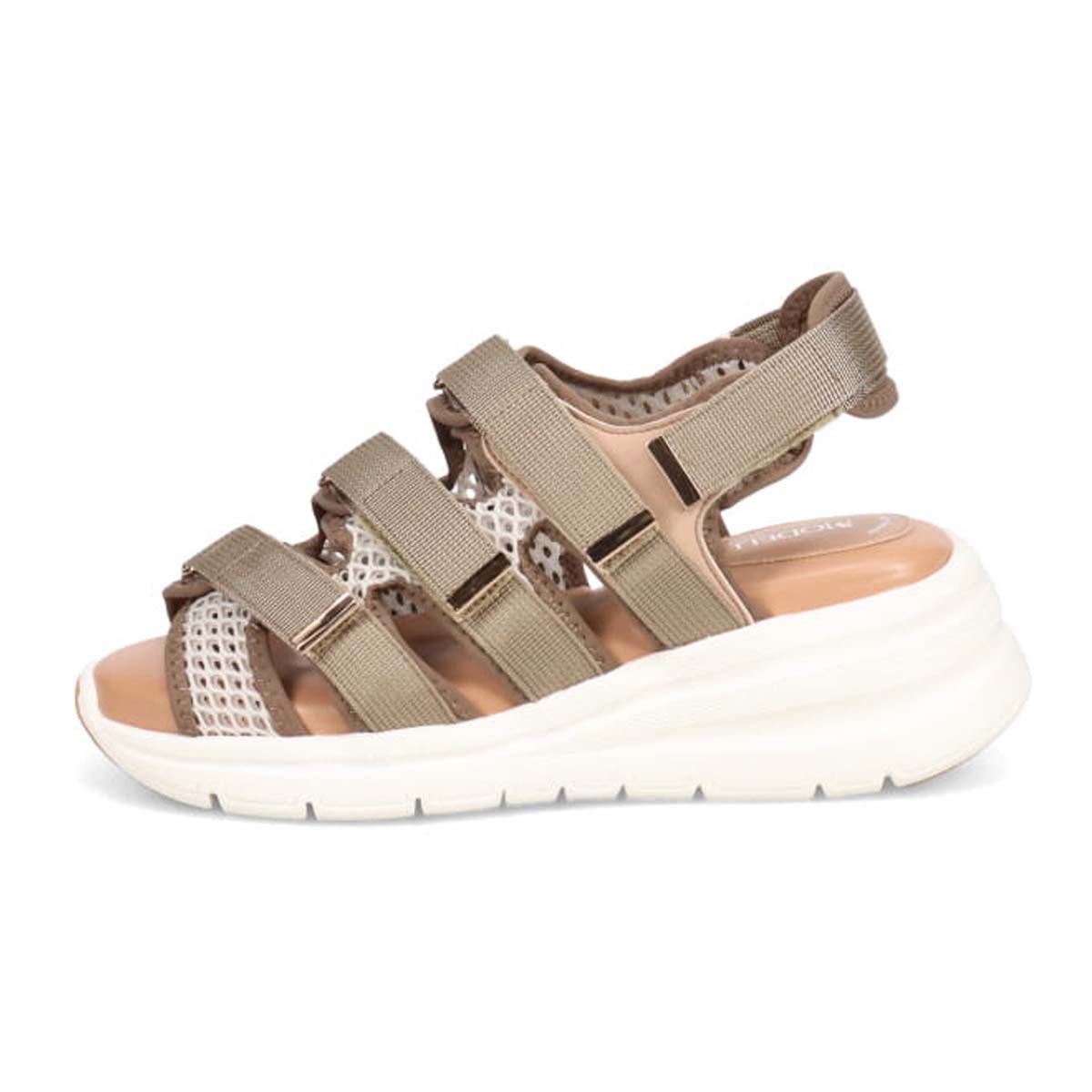 モデロ MODELLO 「リカバリーインソール」搭載で指圧効果により血行を115％促進。Recovery３本ベルトヒールアップスポーツサンダル　DML6063R BEIGE 23.0