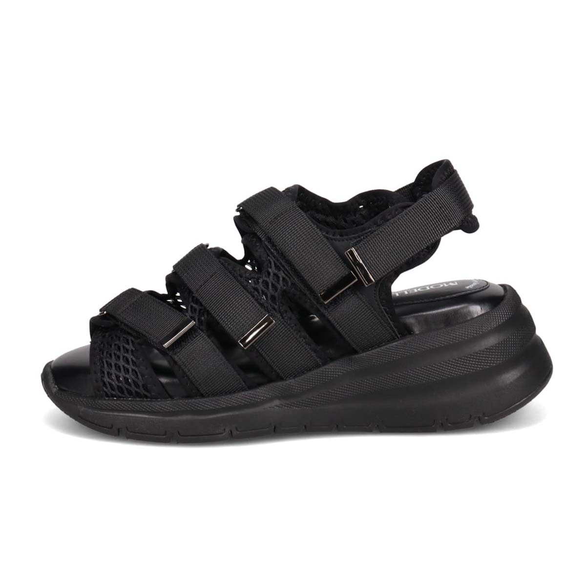 モデロ MODELLO 「リカバリーインソール」搭載で指圧効果により血行を115％促進。Recovery３本ベルトヒールアップスポーツサンダル　DML6063R BLACK 23.0