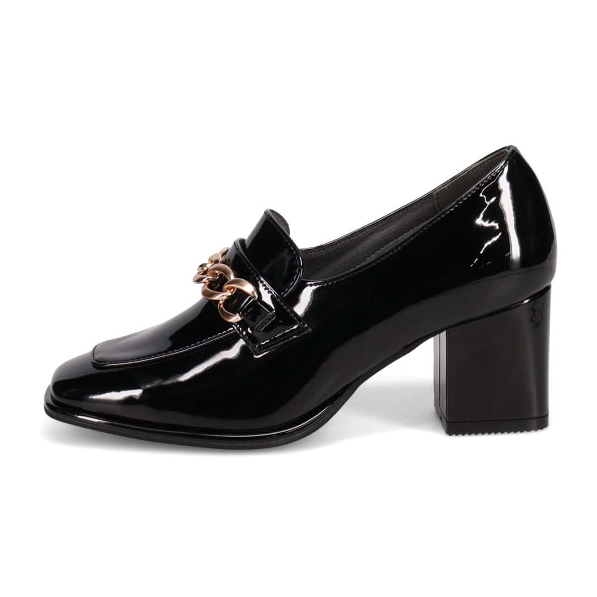 モデロ MODELLO 「リカバリーインソール」搭載で指圧効果により血行を115％促進。Recoveryチャンキーヒールローファー　DML6066R BLACK-ENAMEL 23.0