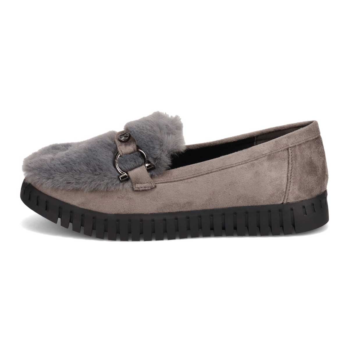 【撥水加工】HIROKO KOSHINO FEMME　モカにファーをあしらったフェミニンテイスト モカシンシューズ　HRL1010 GRAY M　(23.0～23.5)
