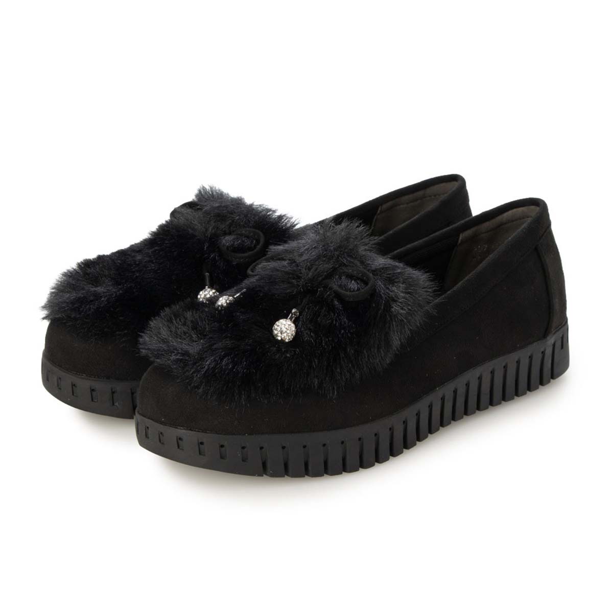 HIROKO KOSHINO FEMME フェイクファーとラインストーンボールが大人可愛いモカシン HRL2033 BLACK 23.0