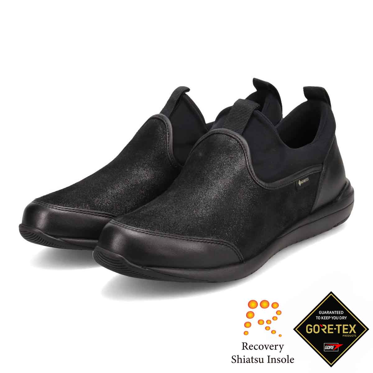 【GORE-TEX】マドラスウォーク madras Walk 「Recovery Shiatsu Insole」搭載で指圧効果により血行をよくする。スニーカー感覚で普段履きにもピッタリ！ さまざまなスタイルにも合うスリッポンスニーカー  MWL1006R BLACK 23.0