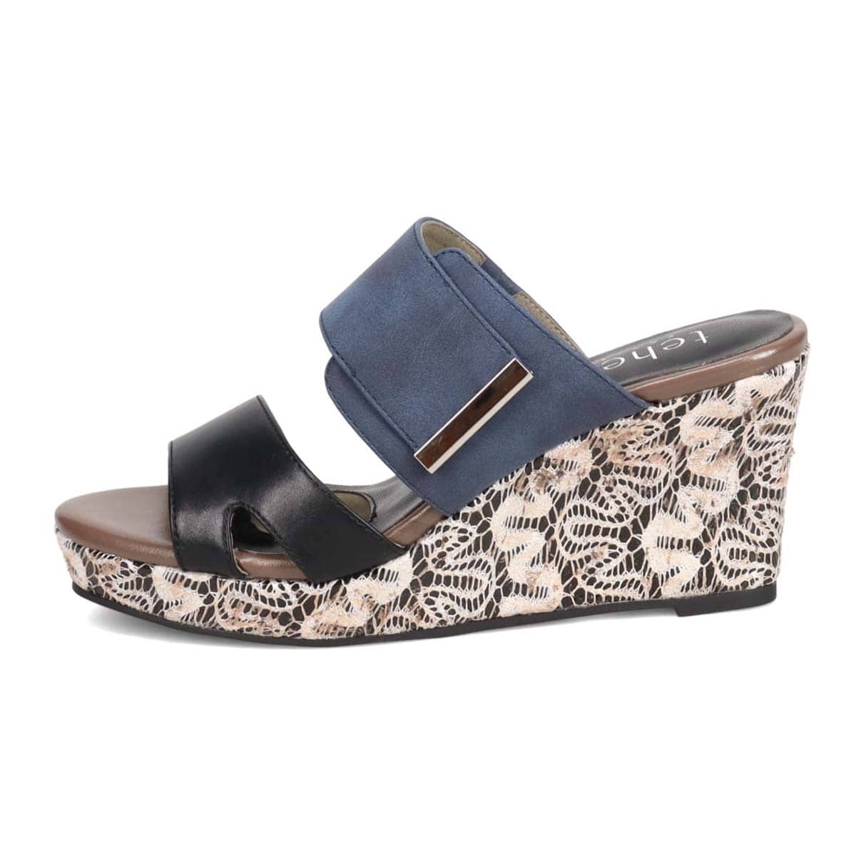 テーン tehen 透かし模様コルクヒールの異素材コンビ ミュールサンダル　TN1793 BLACK/NAVY 23.0