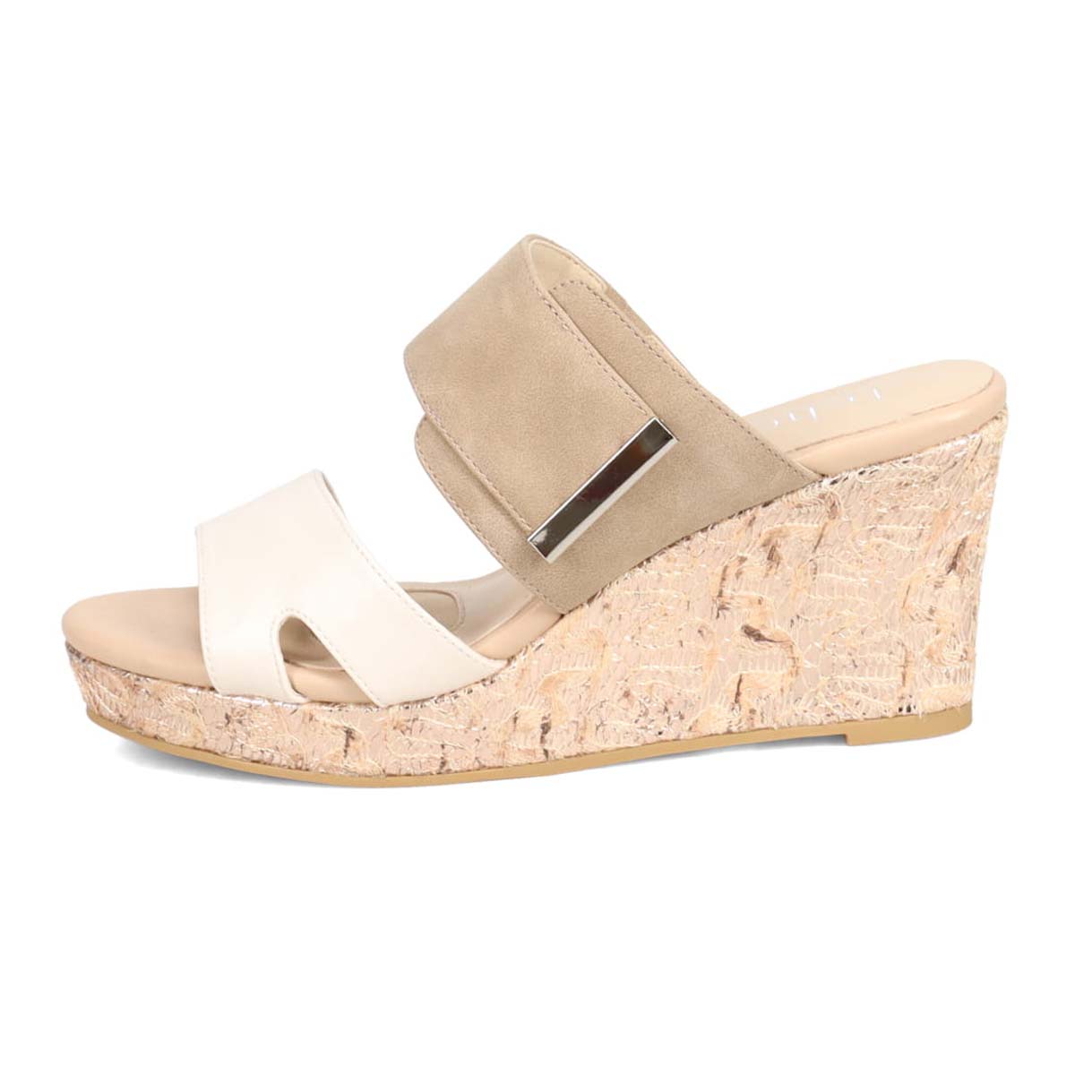テーン tehen 透かし模様コルクヒールの異素材コンビ ミュールサンダル　TN1793 IVORY/BEIGE 23.0