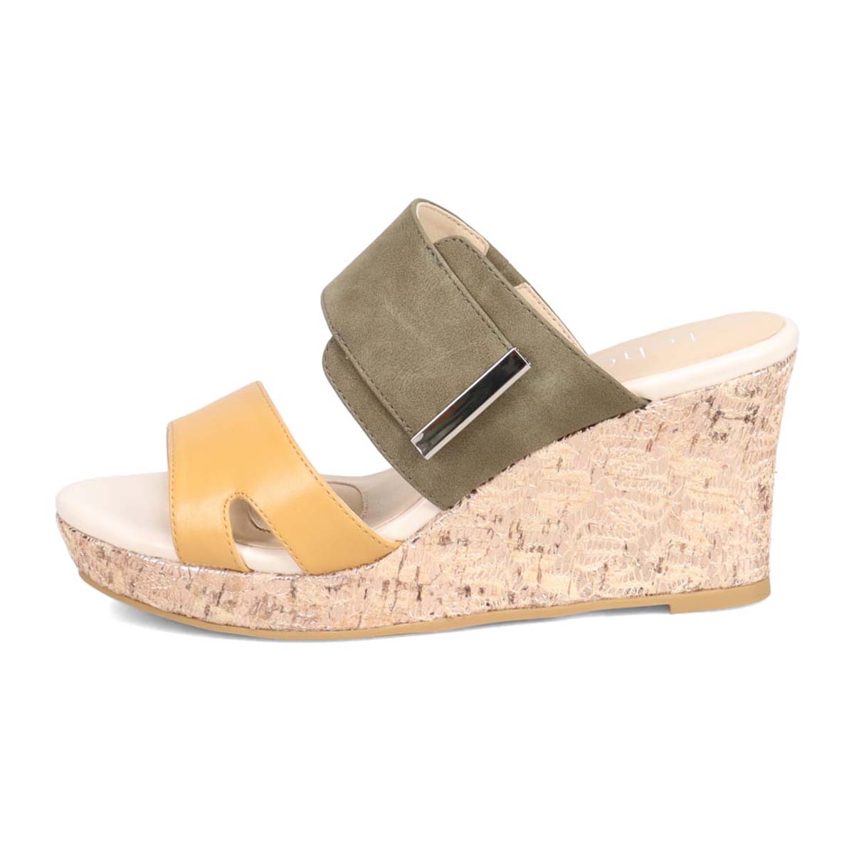 テーン tehen 透かし模様コルクヒールの異素材コンビ ミュールサンダル　TN1793 MUSTARD/KHAKI 23.0
