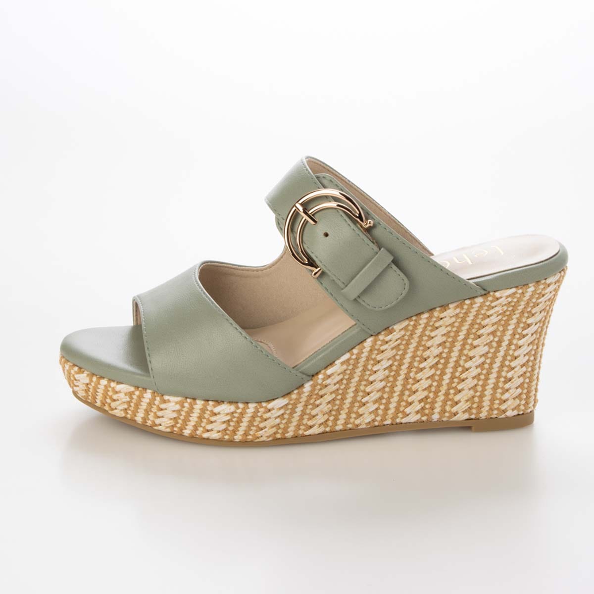 テーン tehen 旬の素材感とメタルパーツが織りなす、洗練された大人のリゾートスタイル。ウェッジ ミュールサンダル　TN1809 KHAKI 23.0