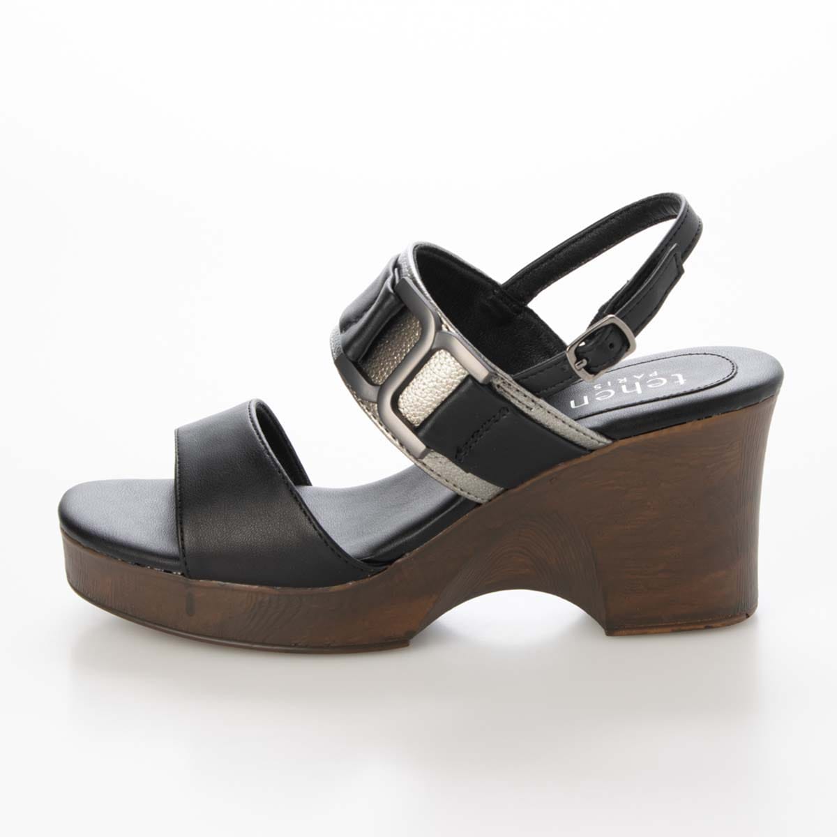 テーン tehen ウッド調のヒールが夏らしいアクセント。7.5cm大人の厚底ウェッジサンダル　TN2305 BLACK/C M　(23.0～23.5)