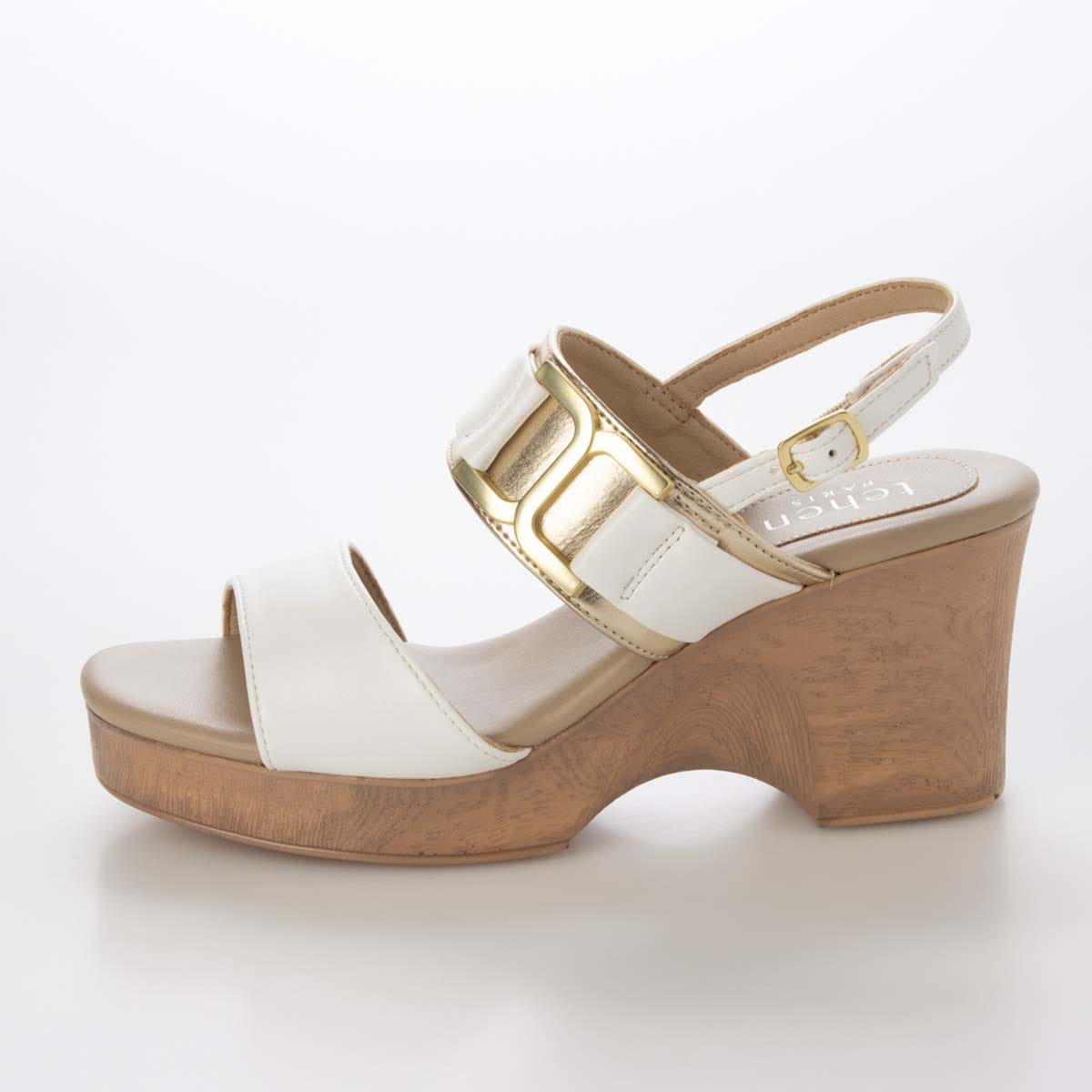 テーン tehen ウッド調のヒールが夏らしいアクセント。7.5cm大人の厚底ウェッジサンダル　TN2305 WHITE/C M　(23.0～23.5)