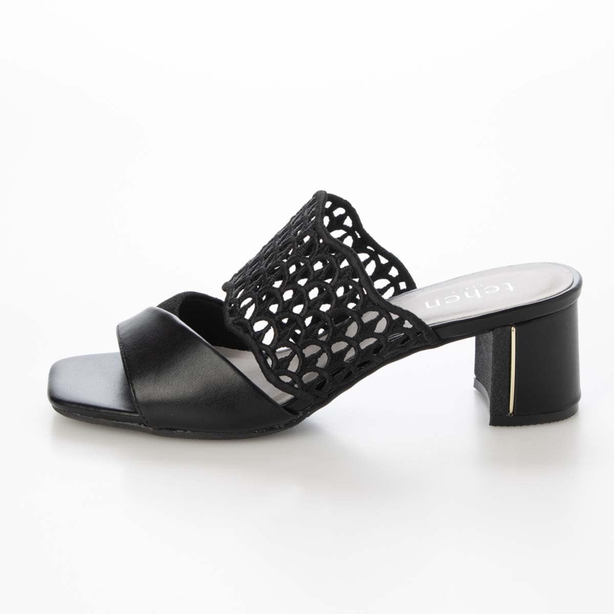 テーン tehen 大人の抜け感を演出する編み込みデザイン。歩きやすさと品格を兼ね備えた5cmヒール。ミュールサンダル　TN6711 BLACK 23.0
