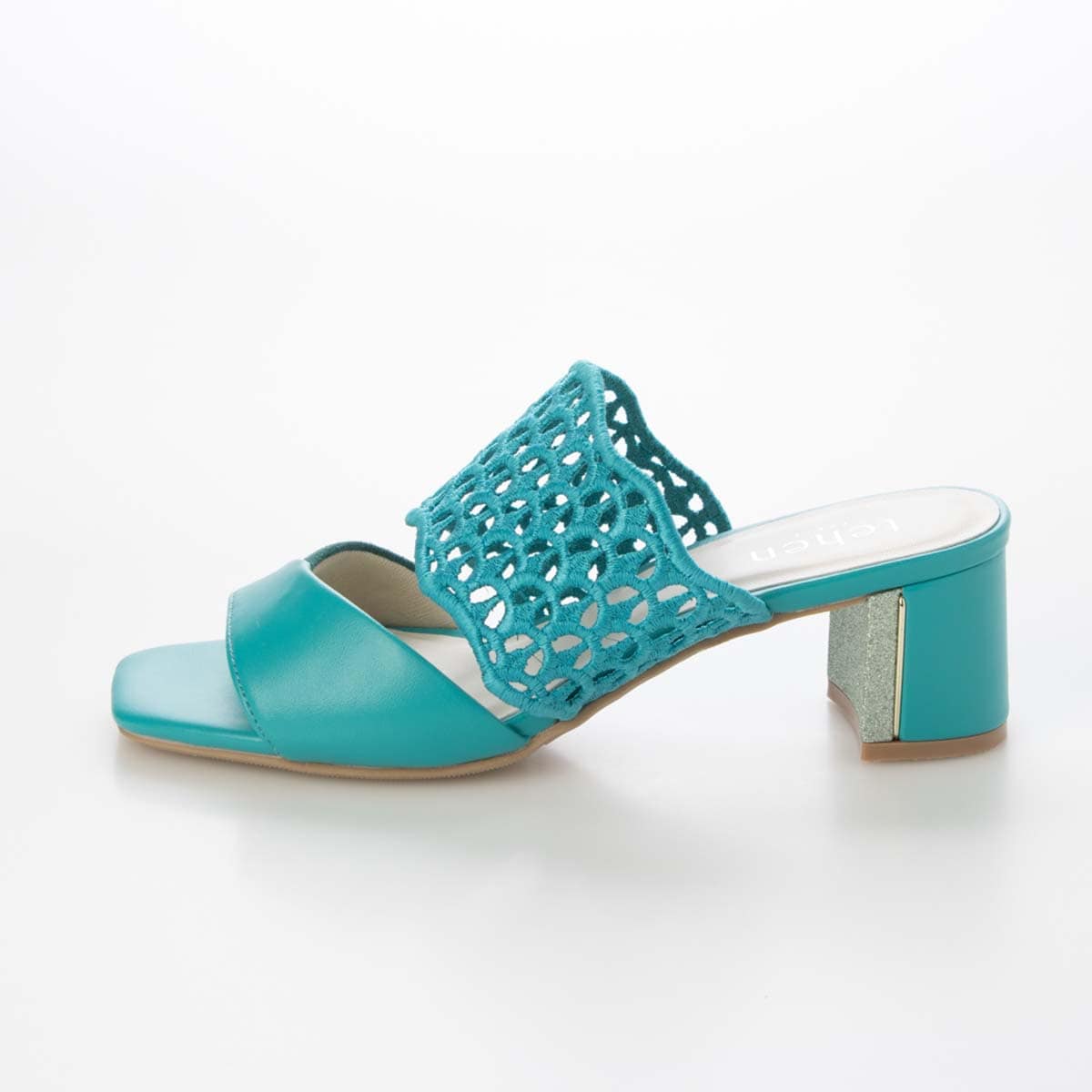 テーン tehen 大人の抜け感を演出する編み込みデザイン。歩きやすさと品格を兼ね備えた5cmヒール。ミュールサンダル　TN6711 GREEN 23.0