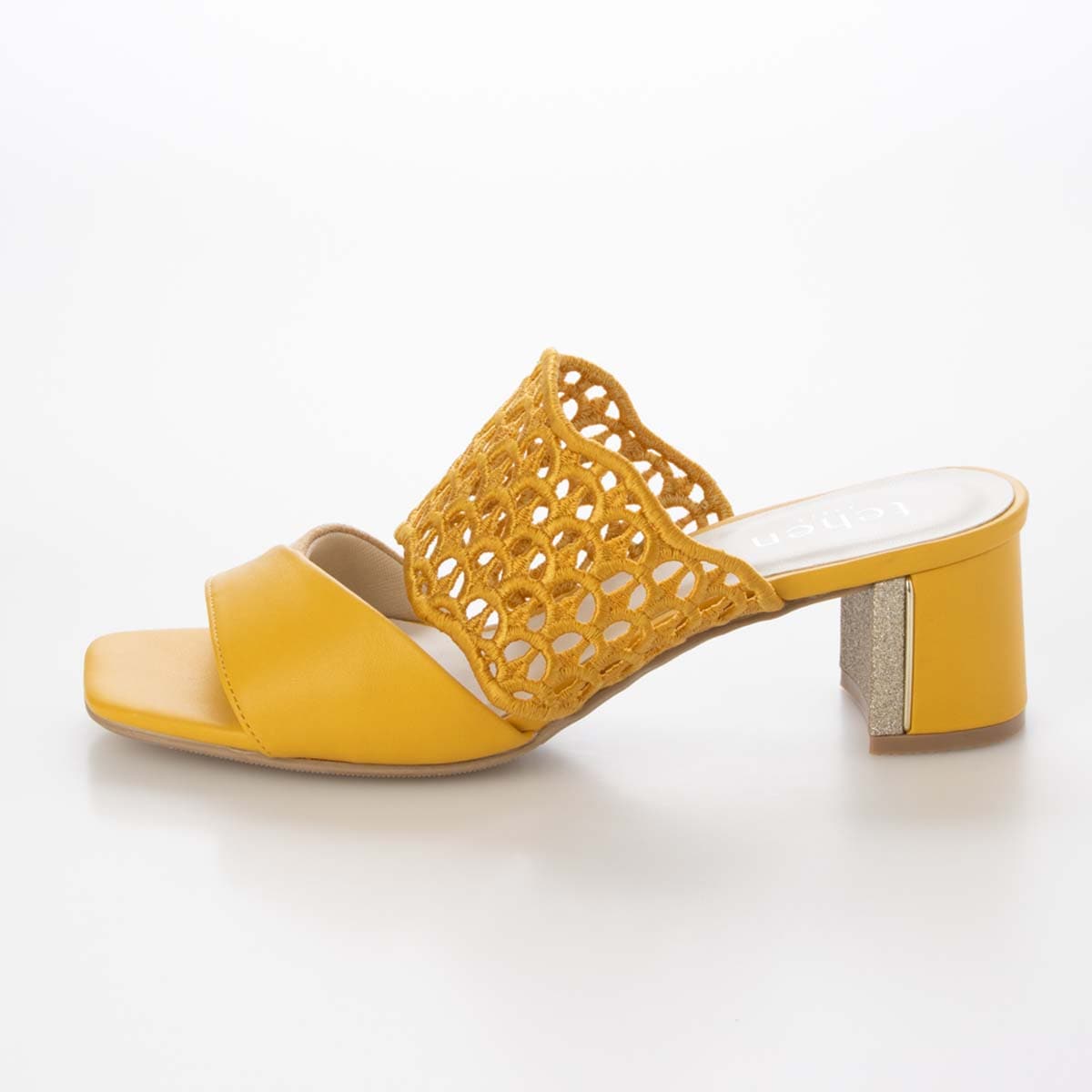テーン tehen 大人の抜け感を演出する編み込みデザイン。歩きやすさと品格を兼ね備えた5cmヒール。ミュールサンダル　TN6711 YELLOW 23.0