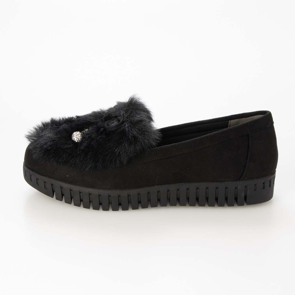 HIROKO KOSHINO FEMME フェイクファーとラインストーンボールが大人可愛いモカシン HRL2033 BLACK 23.0