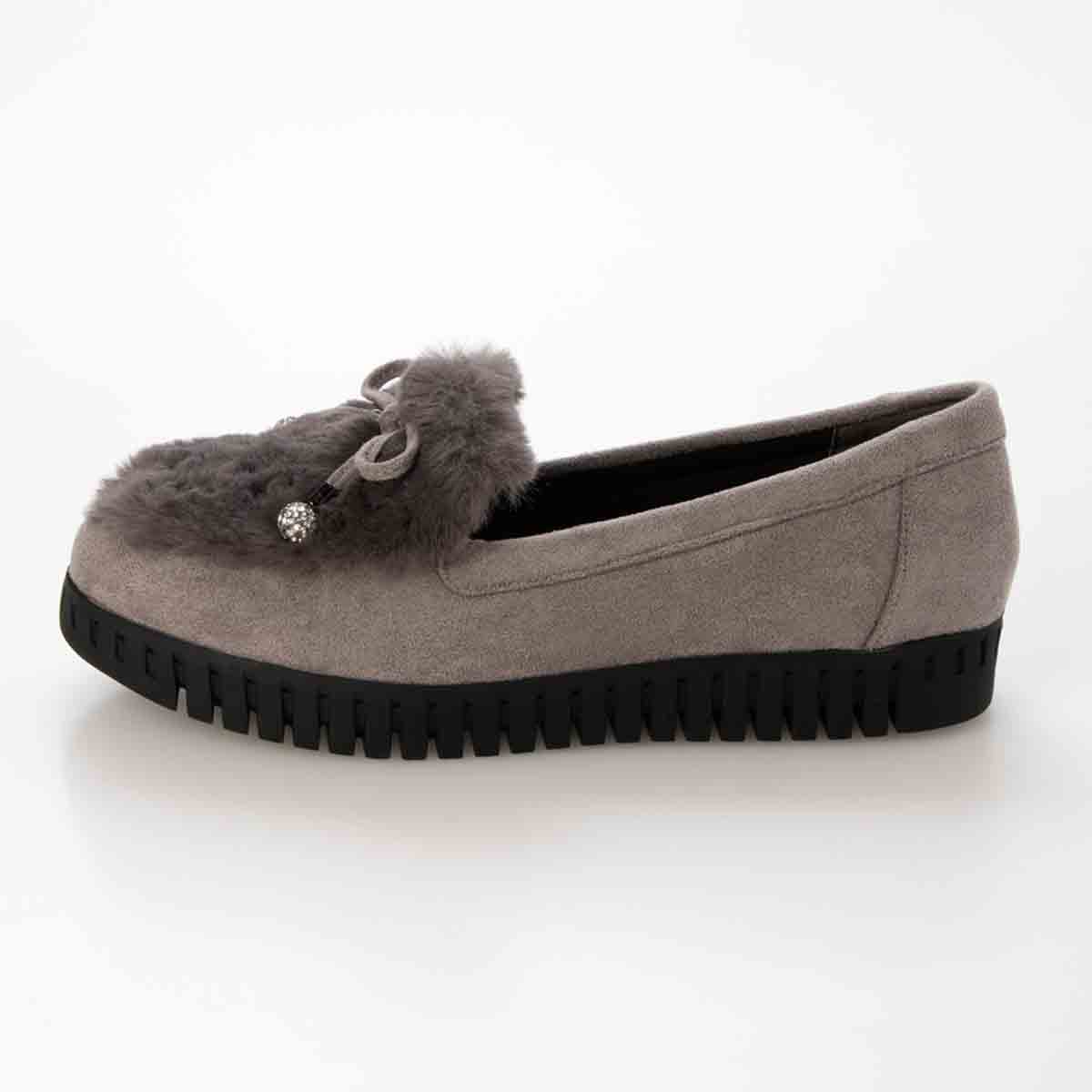 HIROKO KOSHINO FEMME フェイクファーとラインストーンボールが大人可愛いモカシン HRL2033 GRAY 23.0