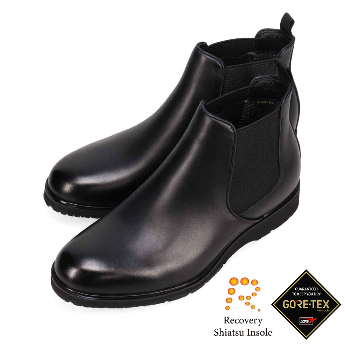 【GORE-TEX×防滑】madras Walk「Recovery Shiatsu Insole」搭載　指圧効果により血行をよくする。ゴアテックス搭載   防滑  幅広4E ラウンド サイドゴアドレスカジュアルブーツ　MW7415HR BLACK 25.0