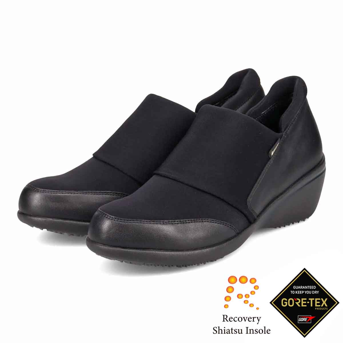 【GORE-TEX】マドラスウォーク madras Walk 「Recovery Shiatsu Insole」搭載で指圧効果により血行をよくする。 シンプルなデザインでさまざまなスタイルに合わせやすい！通勤・きれい目 ゴアテックススリッポンスニーカー MWL1008R BLACK 23.0