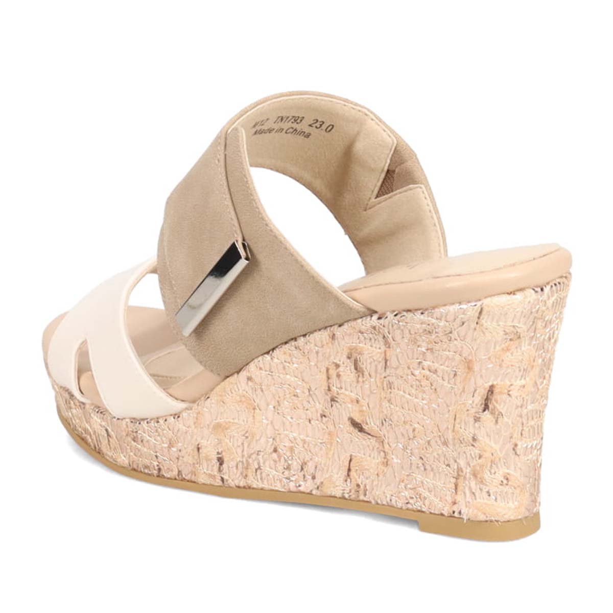 テーン tehen 透かし模様コルクヒールの異素材コンビ ミュールサンダル　TN1793 IVORY/BEIGE 23.0