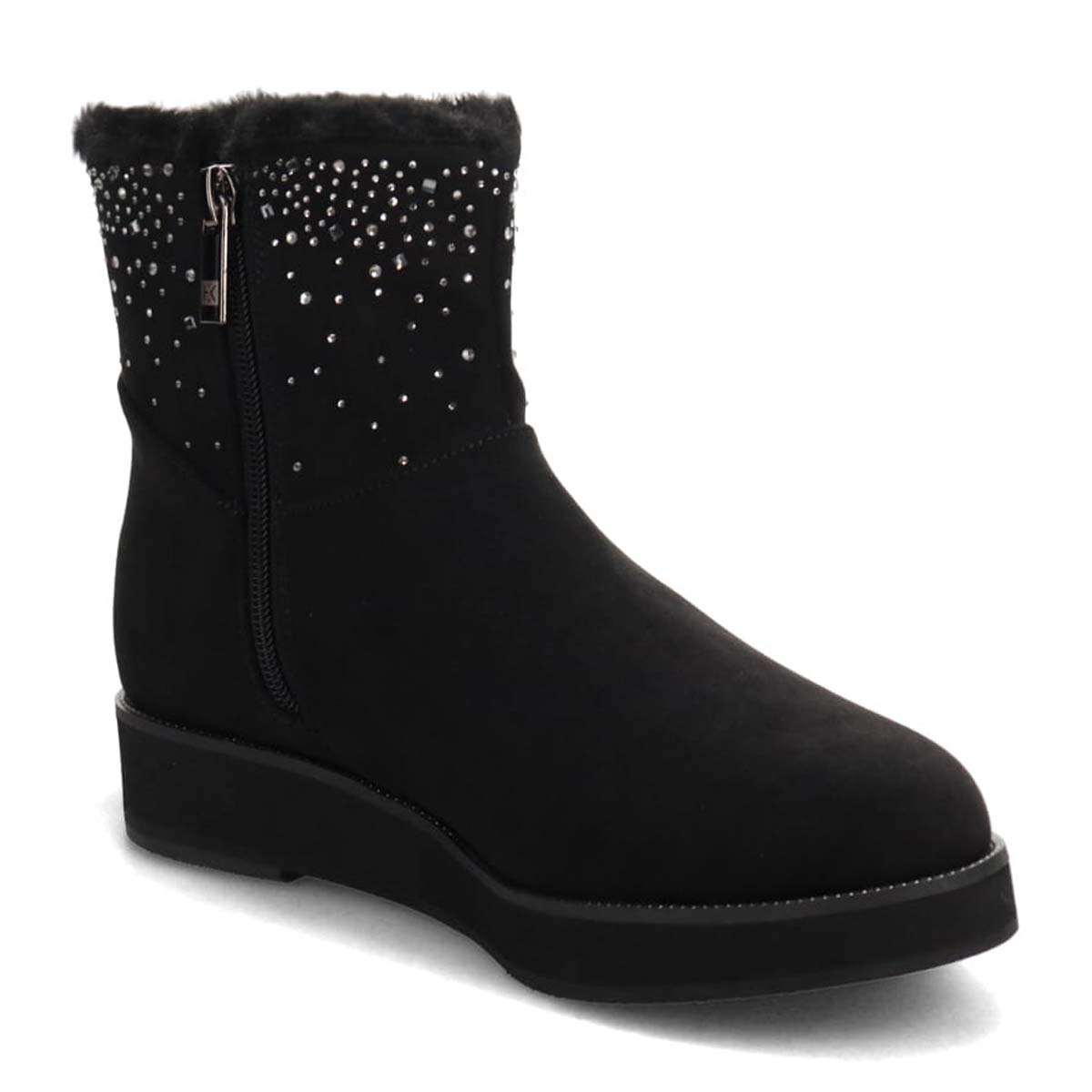 HIROKO KOSHINO FEMME　あたたかさと華やかさを両立 ファー付きスエードショートブーツ　HRL5006 BLACK 23.0