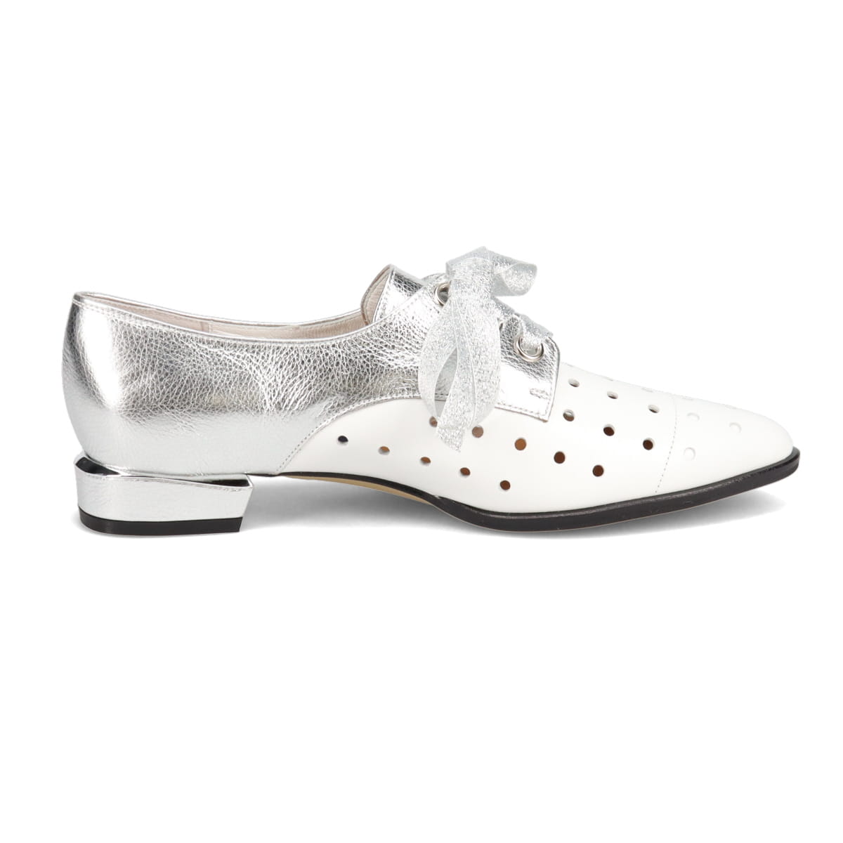 2.5cm『Volutaヒール』を使用したソフト・ポインテッドトウ・レースアップシューズ  MAL4053 WHITE/SILVER 23.0