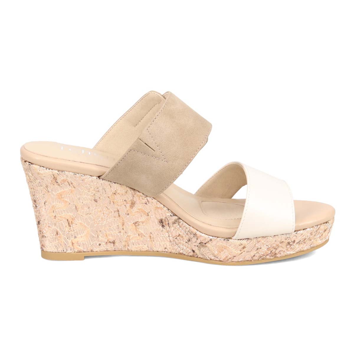テーン tehen 透かし模様コルクヒールの異素材コンビ ミュールサンダル　TN1793 IVORY/BEIGE 23.0