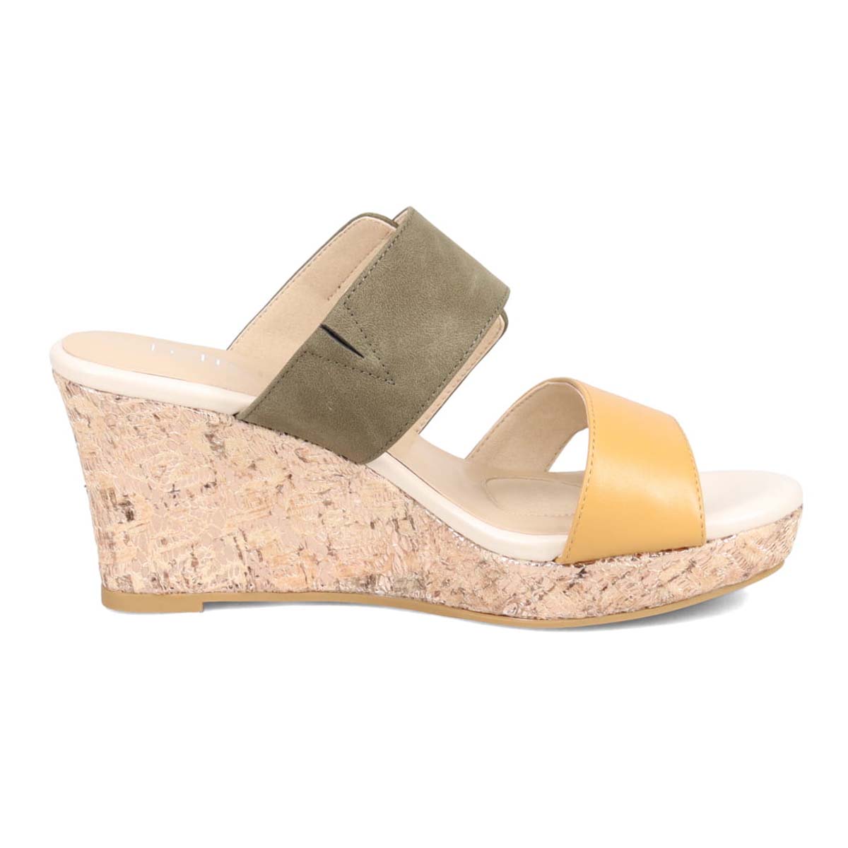 テーン tehen 透かし模様コルクヒールの異素材コンビ ミュールサンダル　TN1793 MUSTARD/KHAKI 23.0
