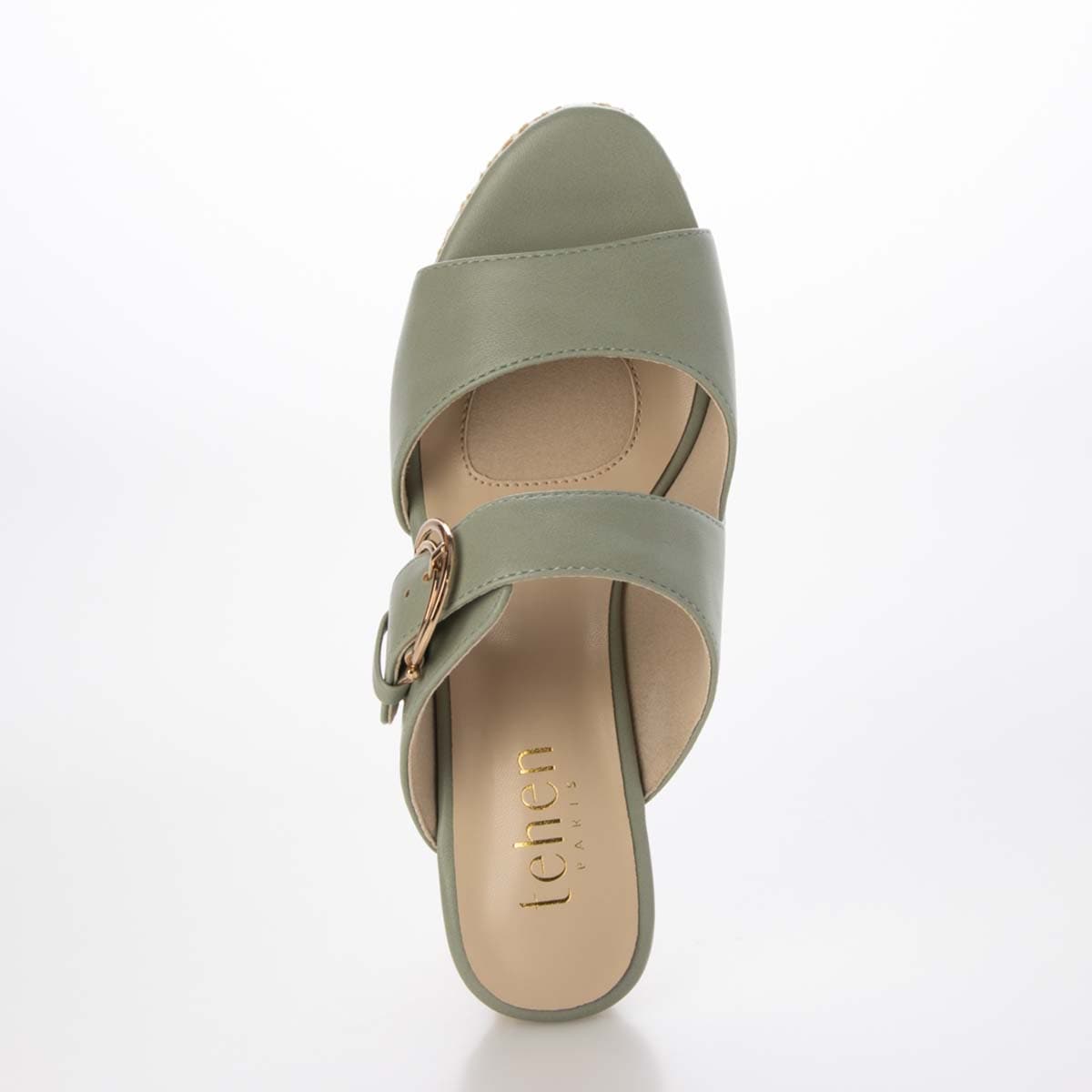 テーン tehen 旬の素材感とメタルパーツが織りなす、洗練された大人のリゾートスタイル。ウェッジ ミュールサンダル　TN1809 KHAKI 23.0