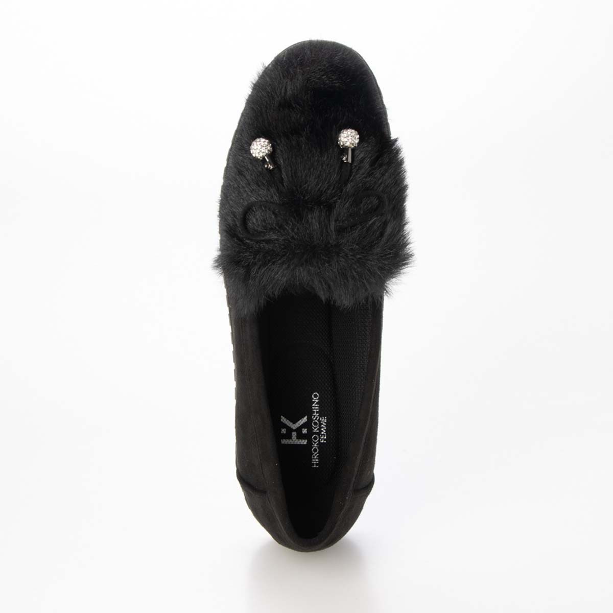 HIROKO KOSHINO FEMME フェイクファーとラインストーンボールが大人可愛いモカシン HRL2033 BLACK 23.0