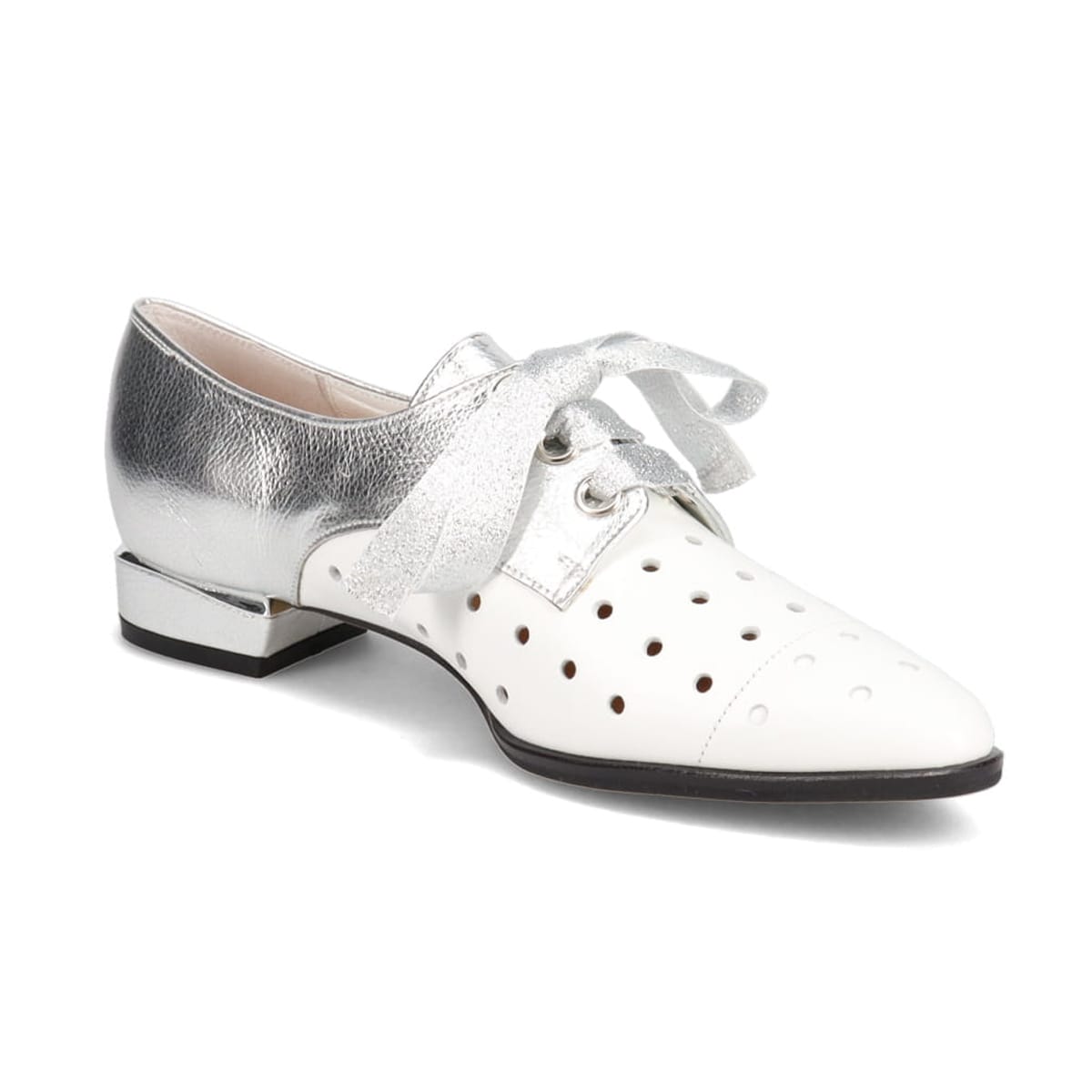 2.5cm『Volutaヒール』を使用したソフト・ポインテッドトウ・レースアップシューズ  MAL4053 WHITE/SILVER 23.0