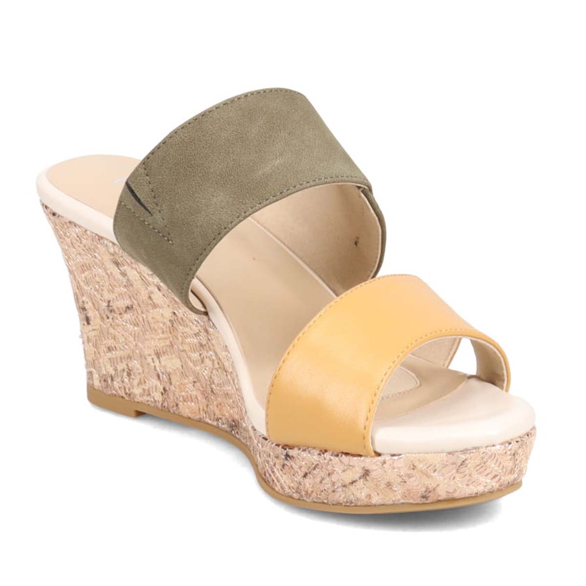テーン tehen 透かし模様コルクヒールの異素材コンビ ミュールサンダル　TN1793 MUSTARD/KHAKI 23.0