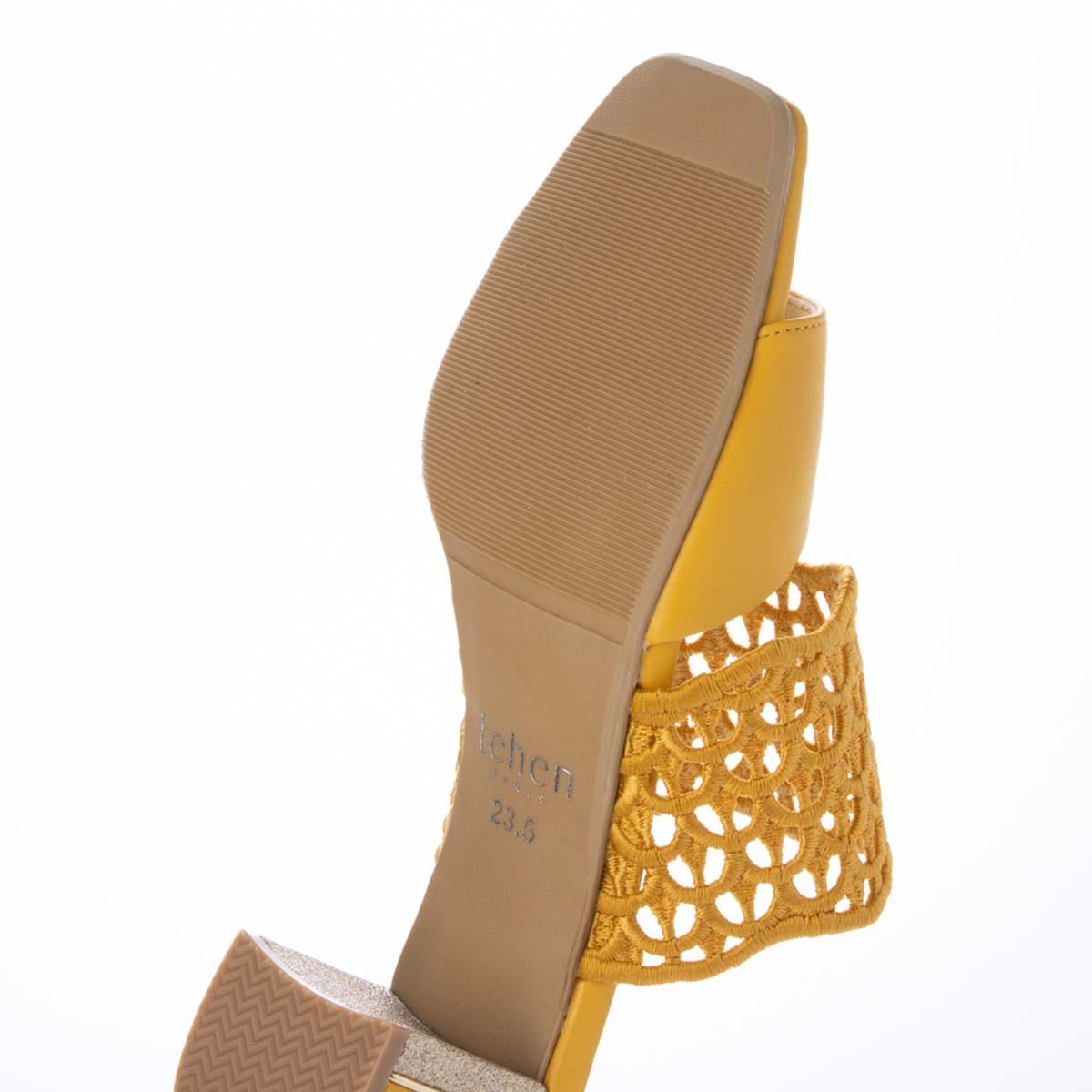 テーン tehen 大人の抜け感を演出する編み込みデザイン。歩きやすさと品格を兼ね備えた5cmヒール。ミュールサンダル　TN6711 YELLOW 23.0