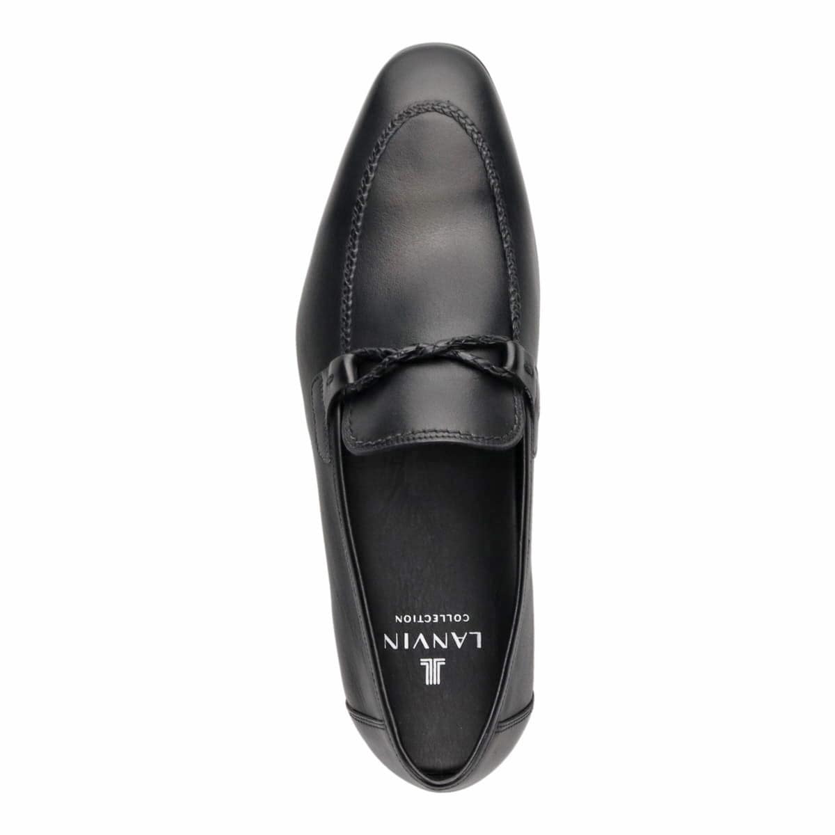 LANVIN COLLECTION　アンティーク仕上げを施したカーフレザーにブレイドレザーレースでUモカをあしらったスリッポンシューズ　83431 BLACK 25.0