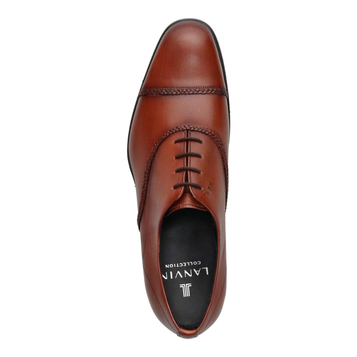 LANVIN COLLECTION　アンティーク仕上げを施したカーフレザーにブレイドレザーレースをあしらった内羽根ストレートチップ・ドレスカジュアルシューズ　83436 BROWN 25.0