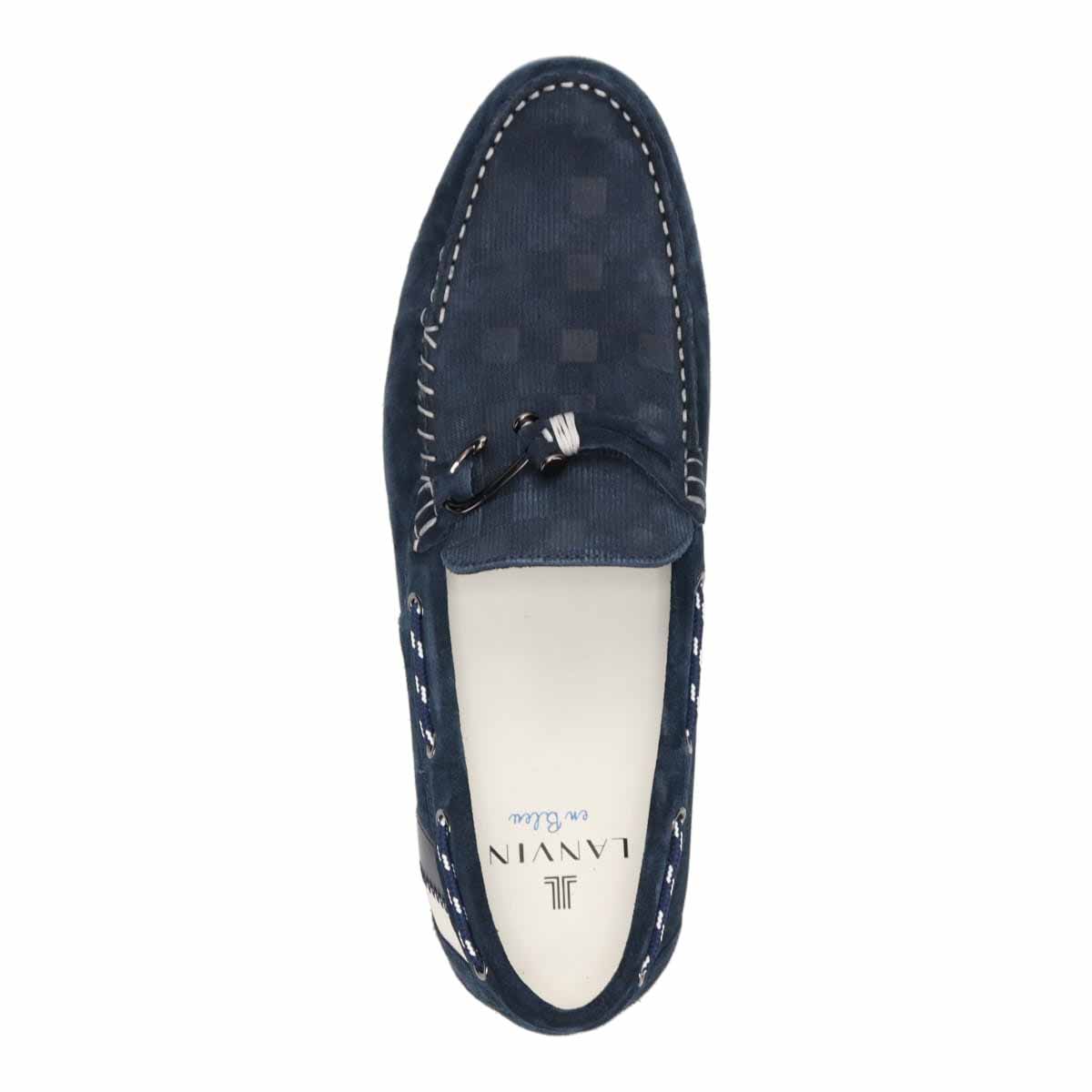 LANVIN en Bleu　ブロックチェックエンボスレザー ドライビングシューズ　86481 NAVY-VELOURS 25.0