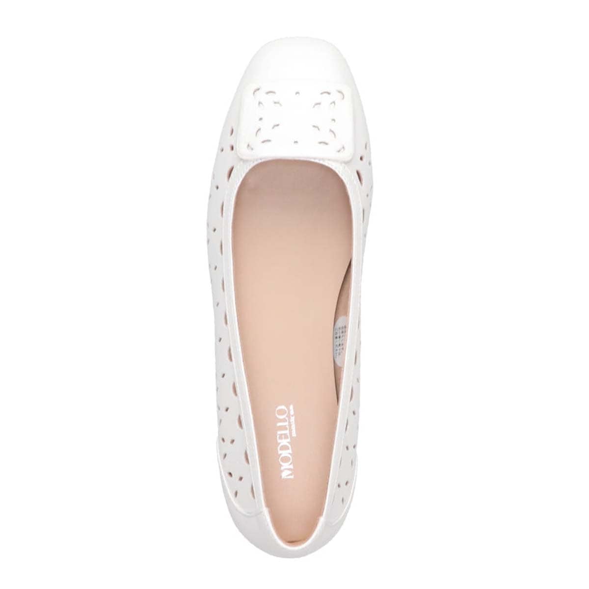 モデロ MODELLO 涼しげなカットワークのバックル付きスクエアバレエシューズ　DML3101 WHITE-METALLIC 23.0