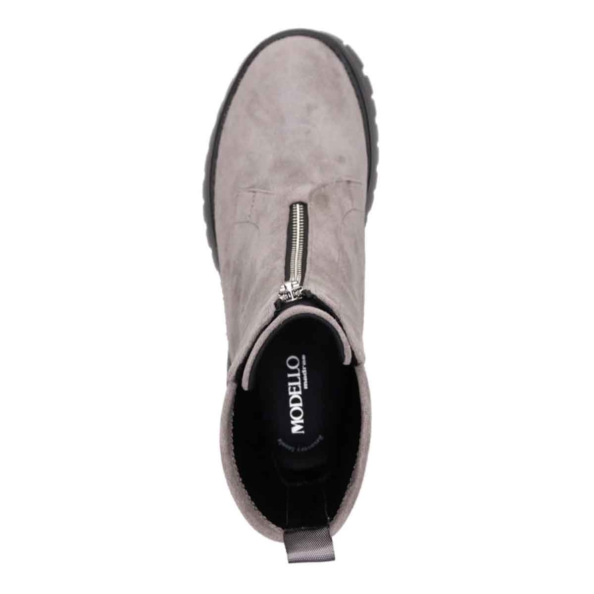 【撥水仕様】モデロ MODELLO 「Recovery Shiatsu Insole」搭載で指圧効果により血行を115％促進。 COVEROSS Bee 5.5cmヒール タンクソールショートブーツ DML5504R GRAY-SILKY 23.0
