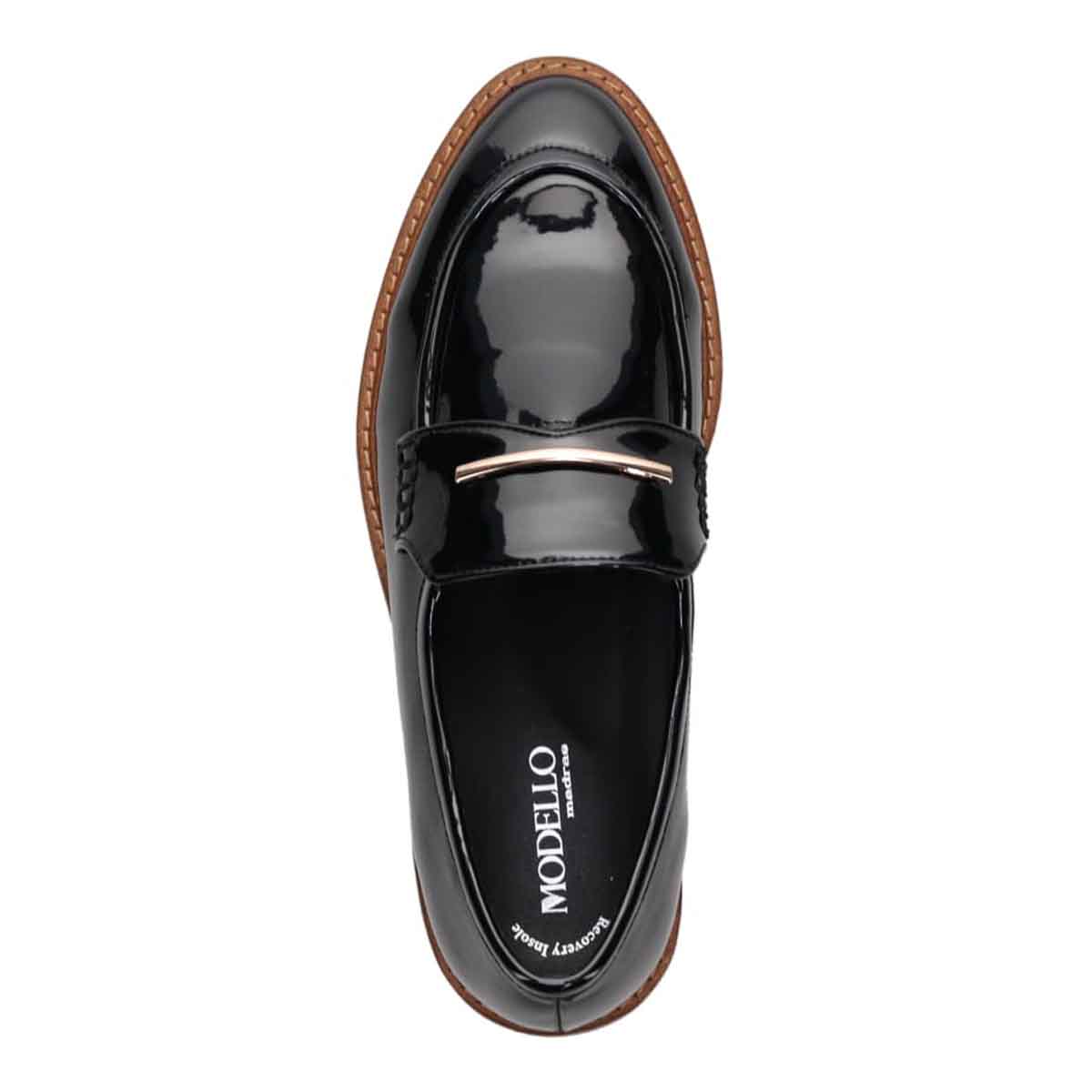 【撥水仕様】モデロ MODELLO 「Recovery Shiatsu Insole」搭載で指圧効果により血行をよくする。バー金具付き厚底ローファー　DML6061R BLACK-ENAMEL 23.0