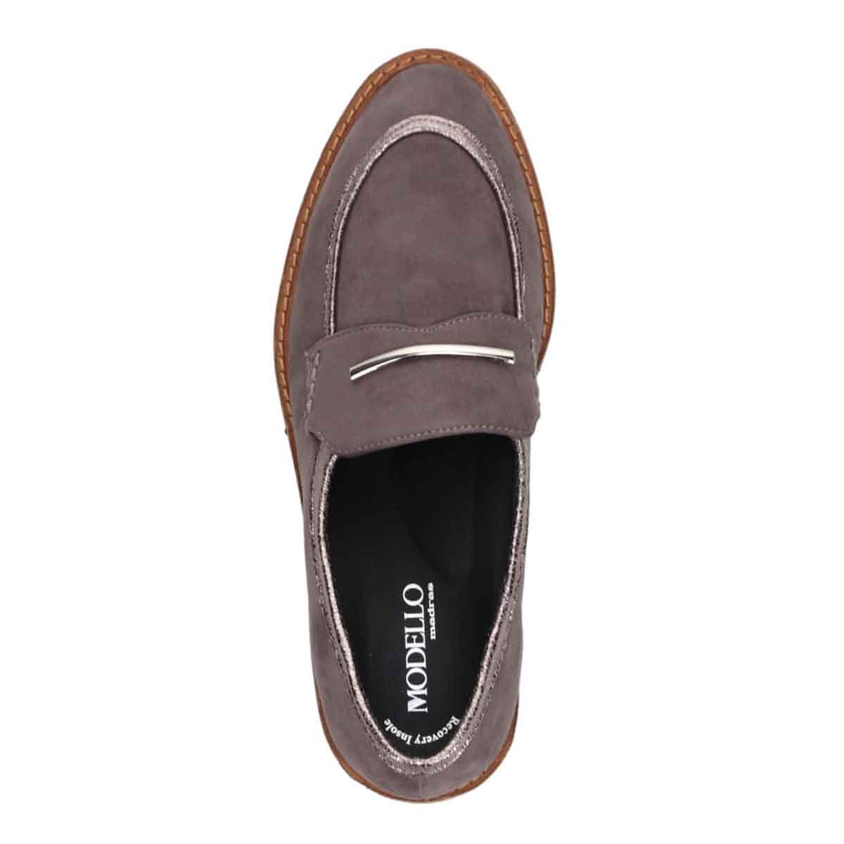 【撥水仕様】モデロ MODELLO 「Recovery Shiatsu Insole」搭載で指圧効果により血行をよくする。バー金具付き厚底ローファー　DML6061R GRAY-SILKY 23.0