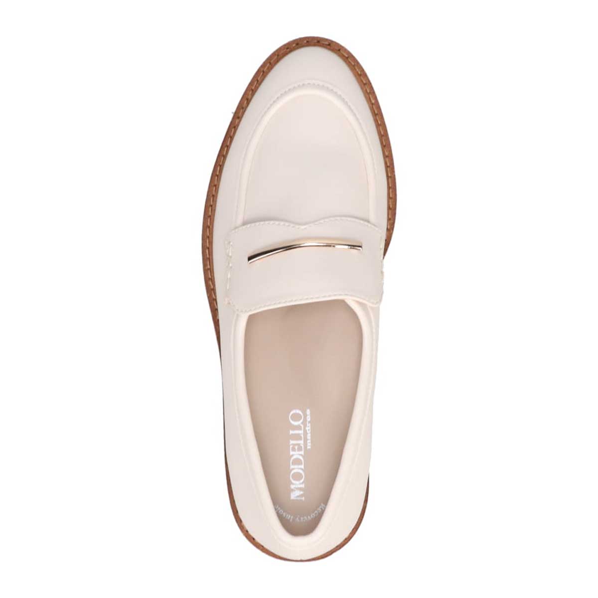 【撥水仕様】モデロ MODELLO 「リカバリーインソール」搭載で指圧効果により血行を115％促進。バー金具付きのRecovery厚底ローファー　DML6061R IVORY 23.0