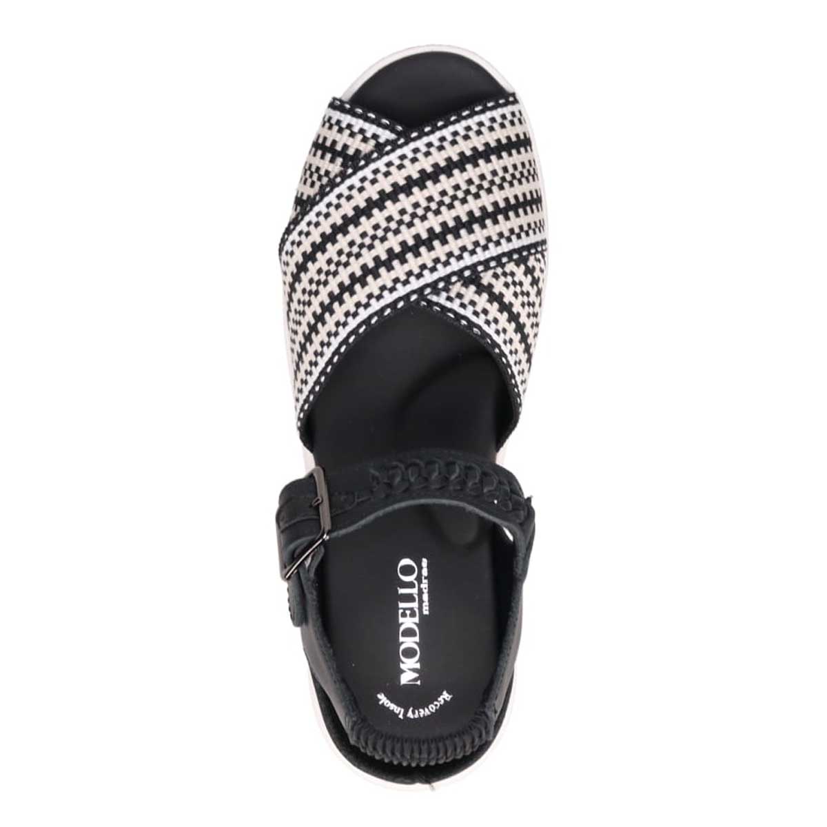 モデロ MODELLO 「リカバリーインソール」搭載で指圧効果により血行を115％促進。Recoveryクロスベルトプラットフォームサンダル　DML6064R BLACK/C 23