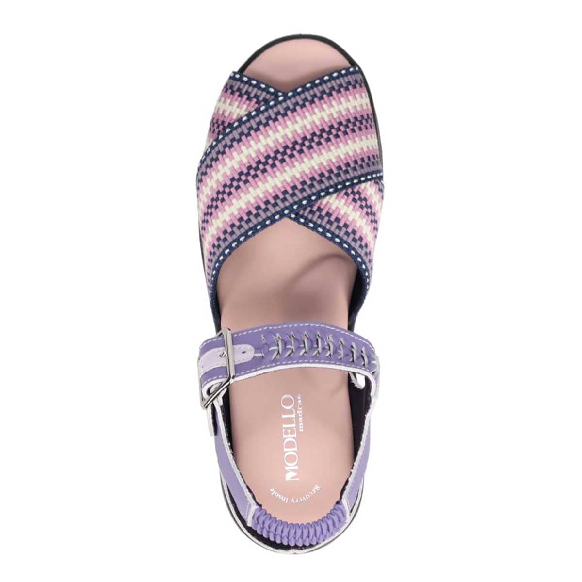 モデロ MODELLO 「リカバリーインソール」搭載で指圧効果により血行を115％促進。Recoveryクロスベルトプラットフォームサンダル　DML6064R PURPLE/C 23
