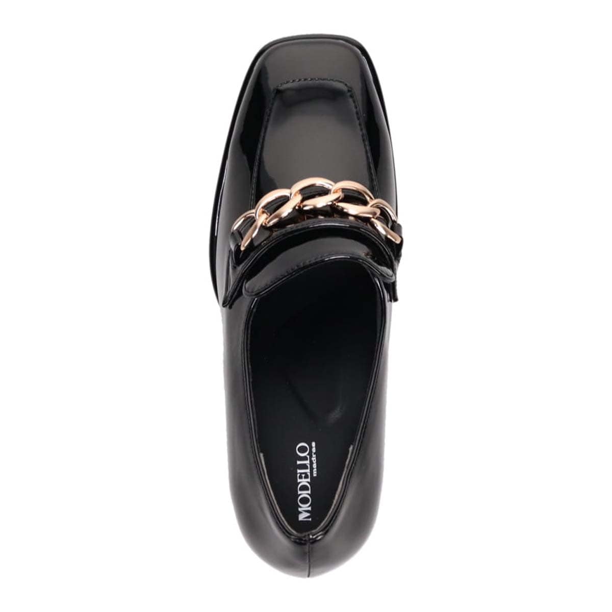 モデロ MODELLO 「リカバリーインソール」搭載で指圧効果により血行を115％促進。Recoveryチャンキーヒールローファー　DML6066R BLACK-ENAMEL 23.0