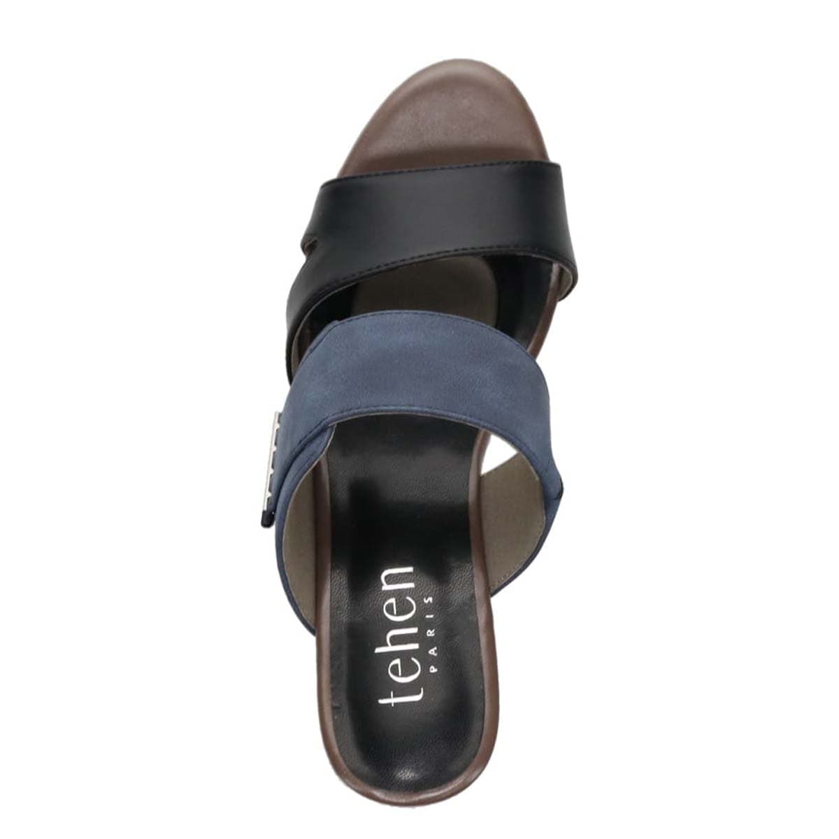 テーン tehen 透かし模様コルクヒールの異素材コンビ ミュールサンダル　TN1793 BLACK/NAVY 23.0