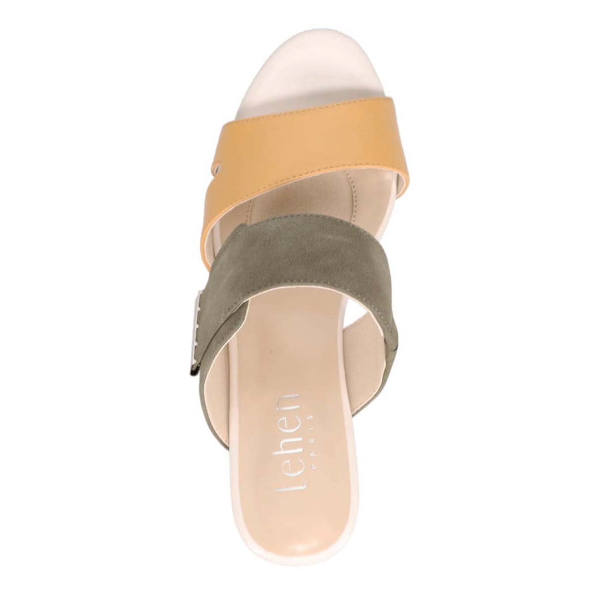 テーン tehen 透かし模様コルクヒールの異素材コンビ ミュールサンダル　TN1793 MUSTARD/KHAKI 23.0