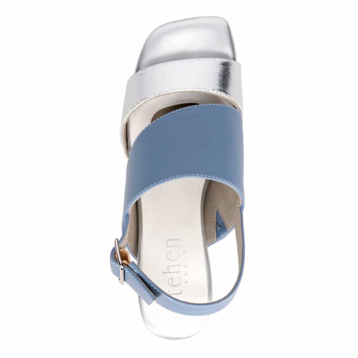 テーン tehen オシャレなヒールもポイント。甲深アシンメトリーカットサンダル　TN1794V SILVER/BLUE 23.0