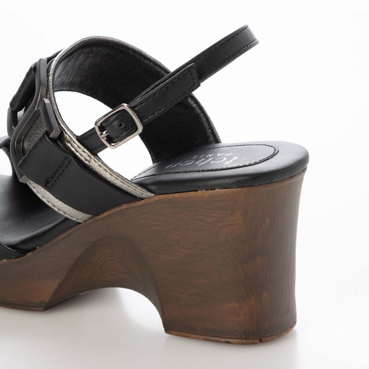 テーン tehen ウッド調のヒールが夏らしいアクセント。7.5cm大人の厚底ウェッジサンダル　TN2305 BLACK/C M　(23.0～23.5)