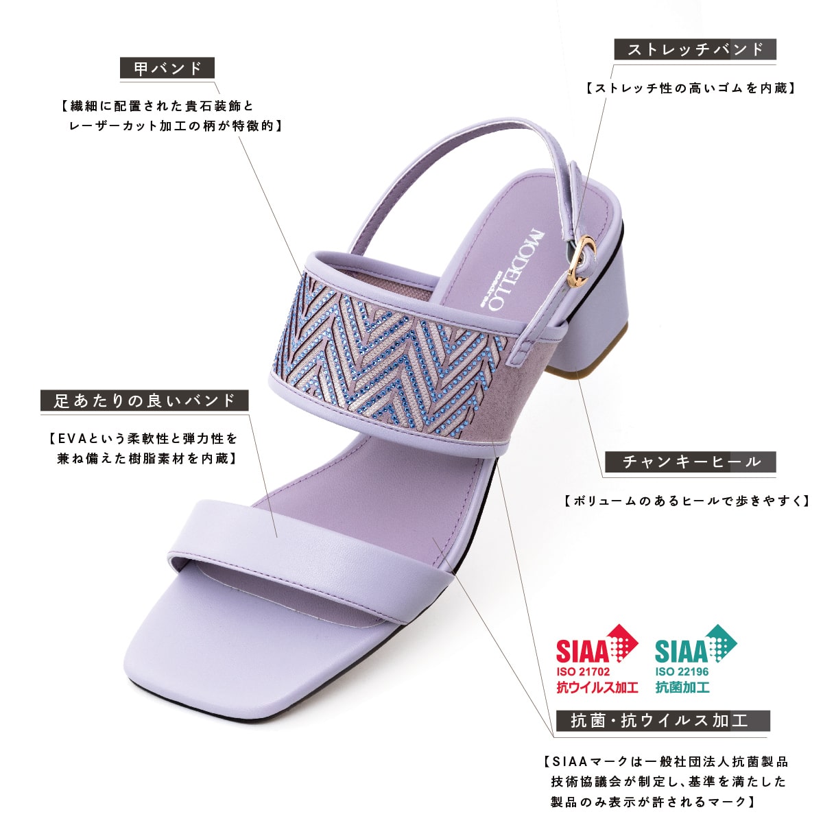 MODELLO レーザーカット＆貴石デザインサンダル　DML4517 LAVENDER 23.0