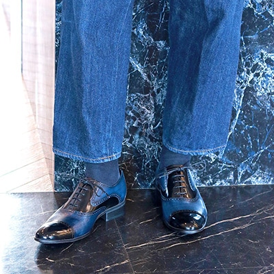 LANVIN COLLECTION　ブラックシャイニーバイカラーコンビ オックスフォード ドレスシューズ　83379